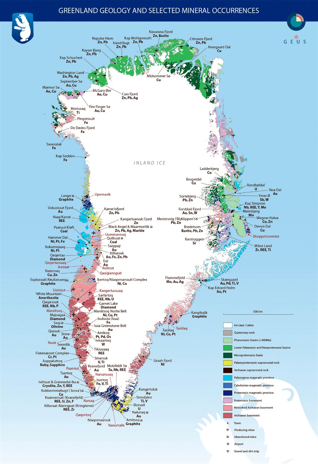 Большая детальная карта геологии и отдельных месторождений полезных ископаемых Гренландии