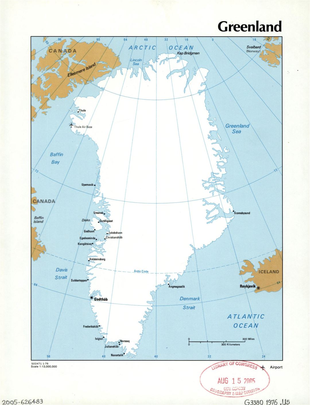 Большая детальная политическая карта Гренландии с городами и аэропортами - 1976