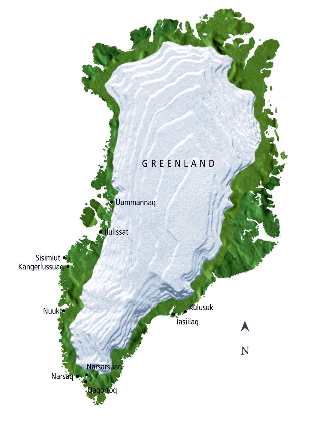 Большая подробная рельефная карта Гренландии с городами