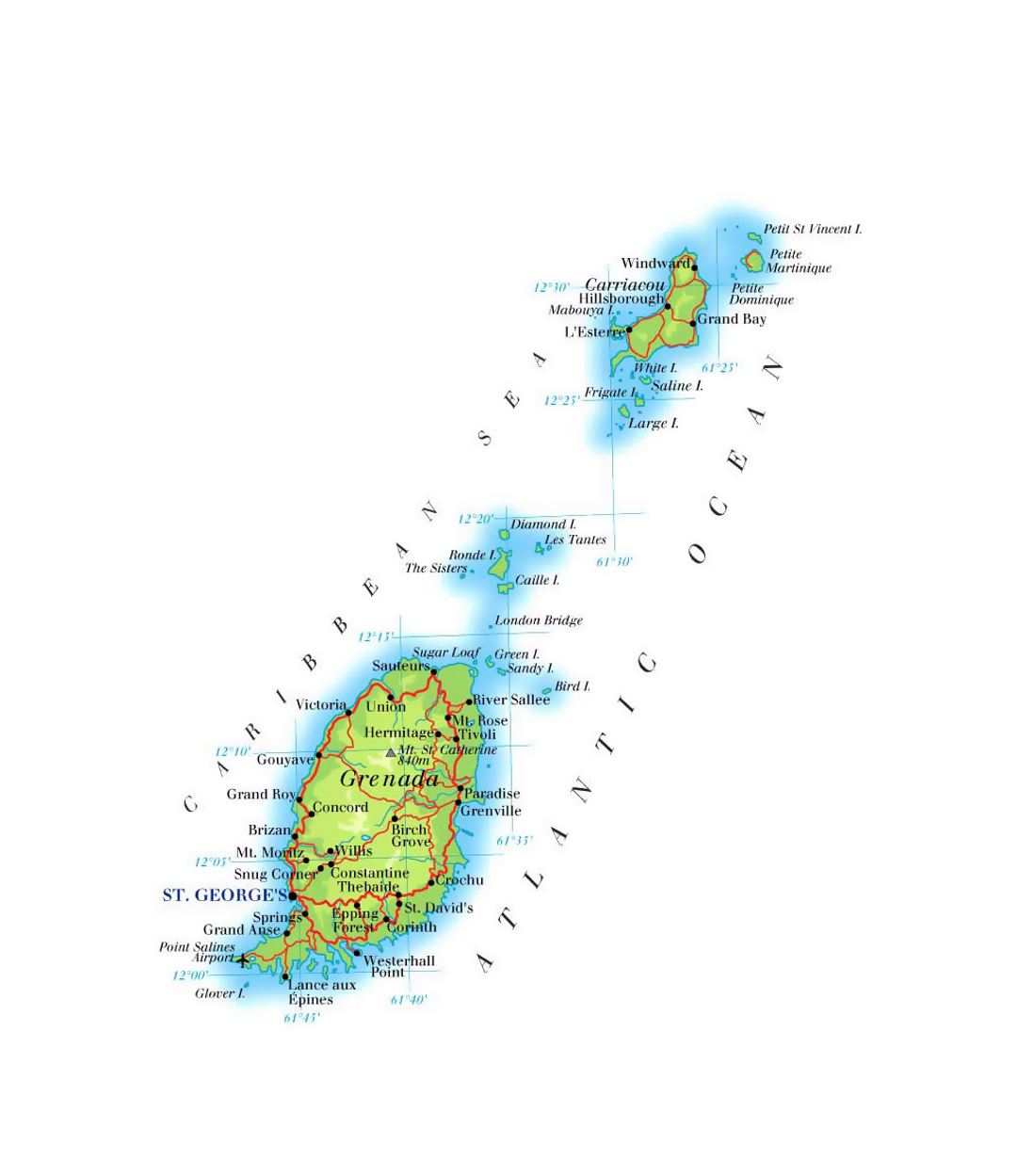 Детальная карта высот Гренады с дорогами, городами и аэропортами