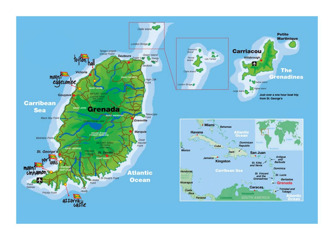 Детальная карта Гренады с аэропортами и другими пометками