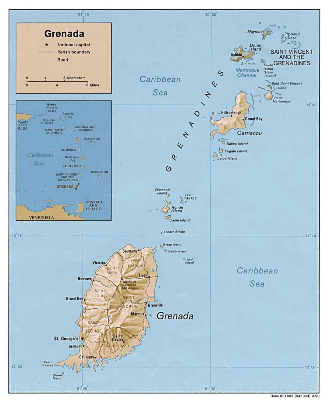 Детальная политическая и административная карта Гренады с рельефом, дорогами и городами - 1990