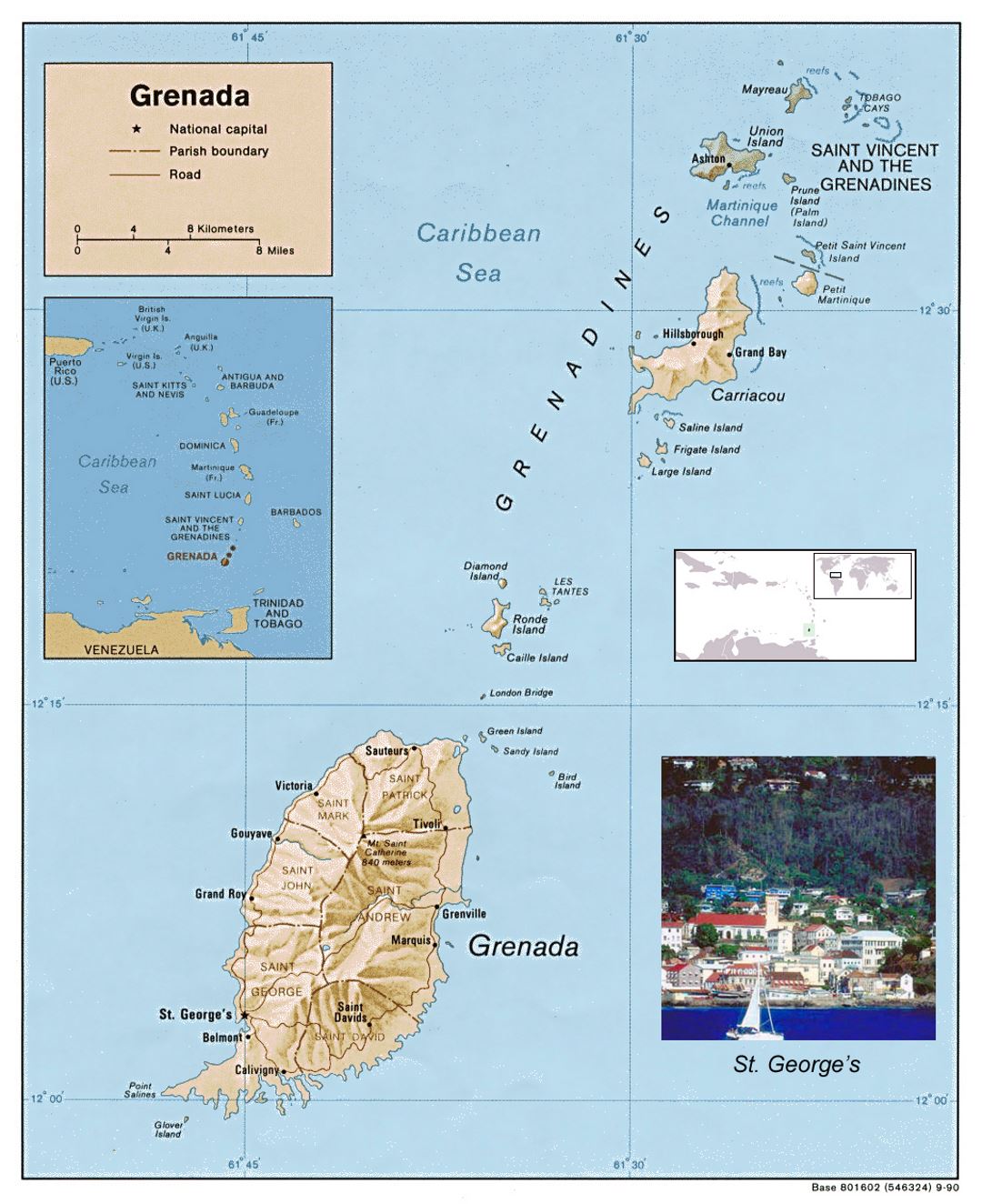 Детальная политическая и административная карта Гренады с рельефом, дорогами и городами