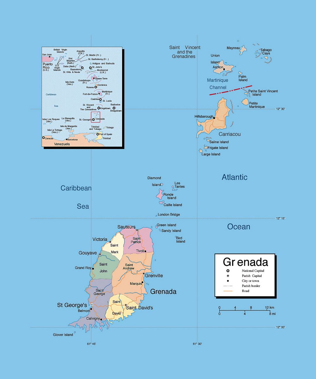 Подробная политическая и административная карта Гренады с дорогами и городами
