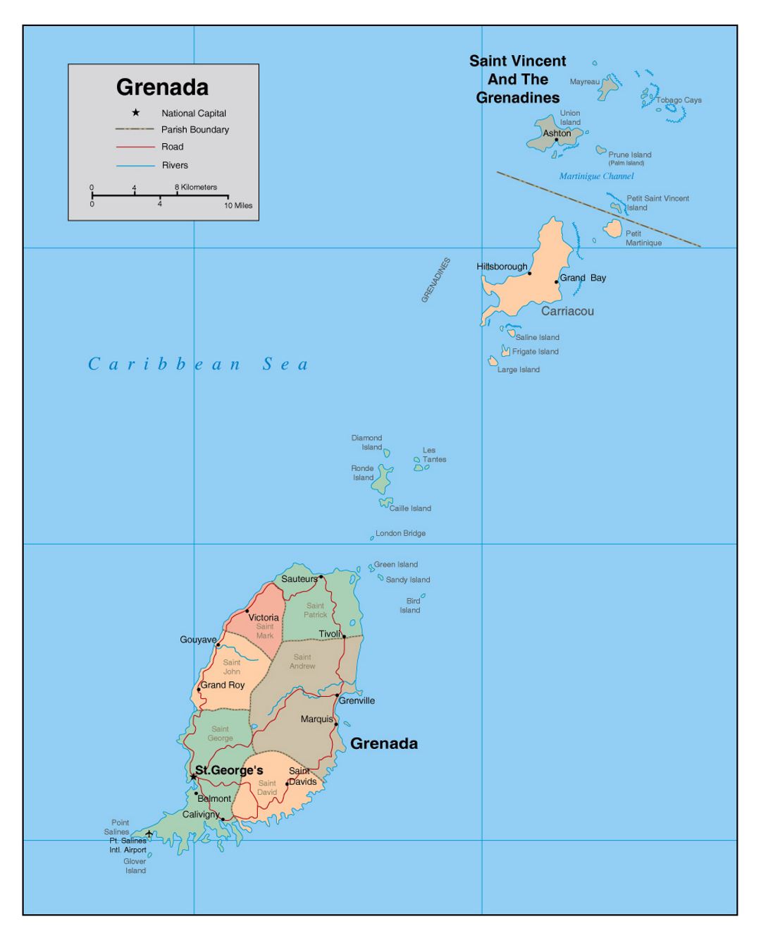 Детальная политическая и административная карта Гренады с дорогами, реками, аэропортами и крупными городами