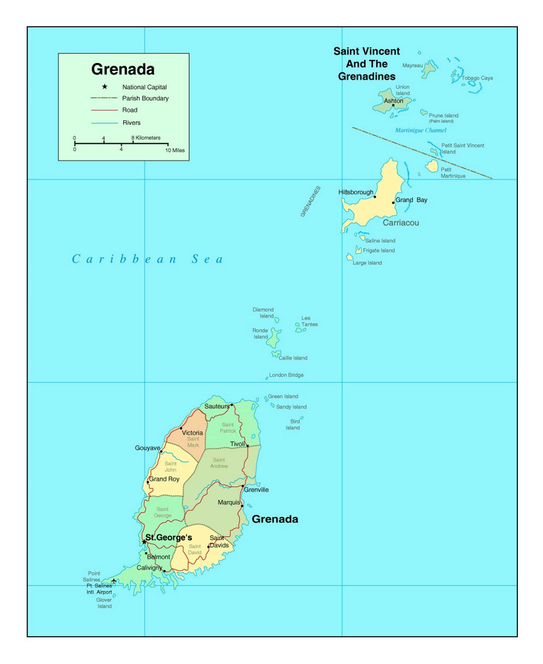 Детальная политическая и административная карта Гренады с дорогами, реками и крупными городами