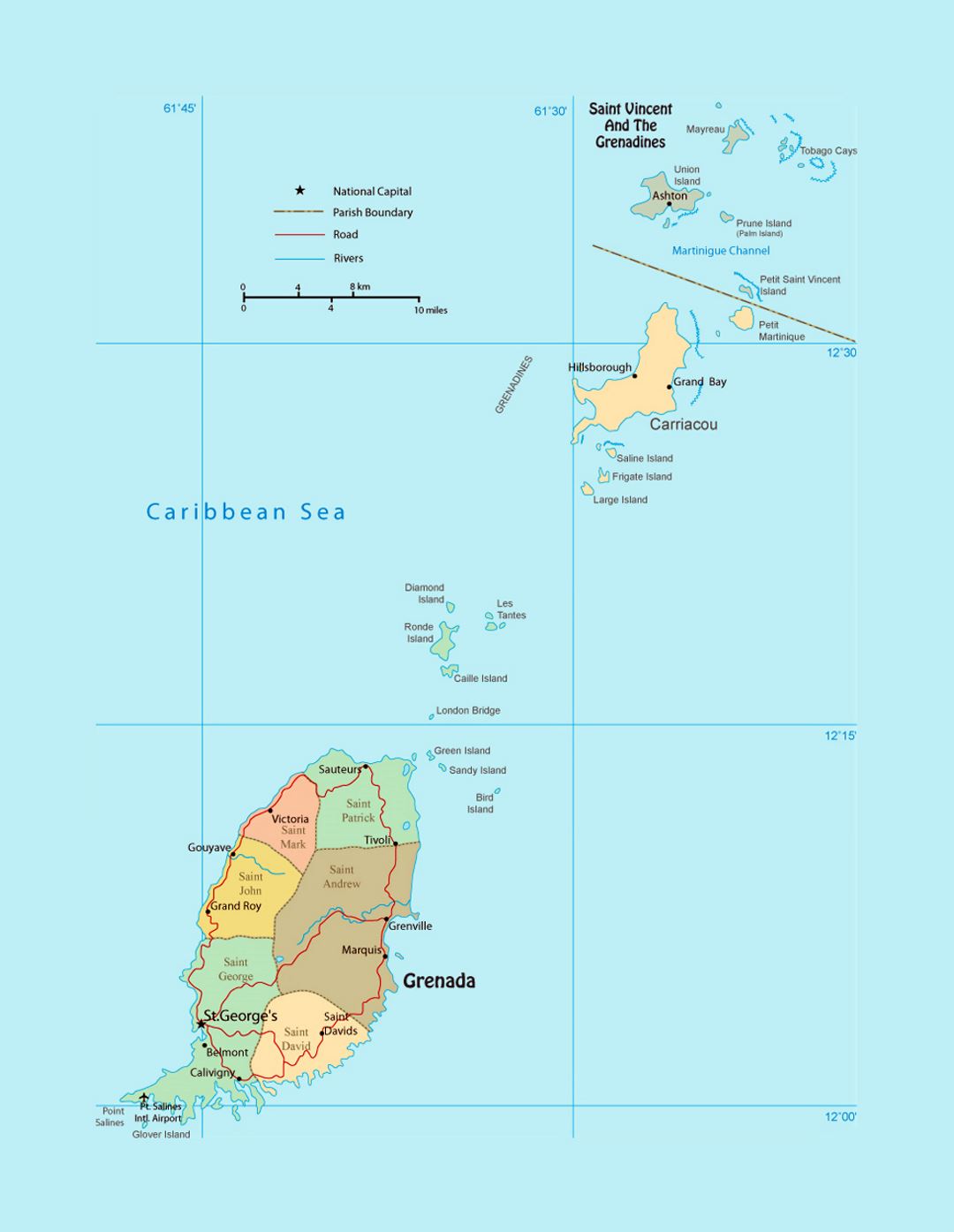 Подробная политическая и административная карта Гренады с дорогами, реками, городами и аэропортами