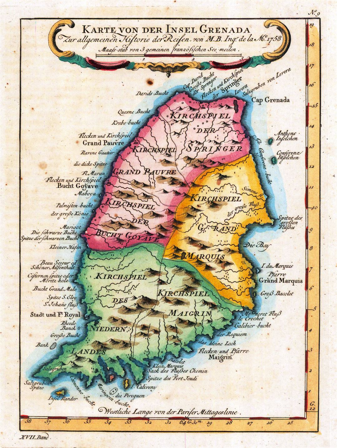 Большая детальная старая карта Гренады с рельефом и другими пометками - 1756