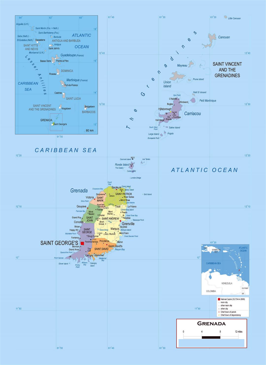 Большая детальная политическая и административная карта Гренады с дорогами, городами и аэропортами