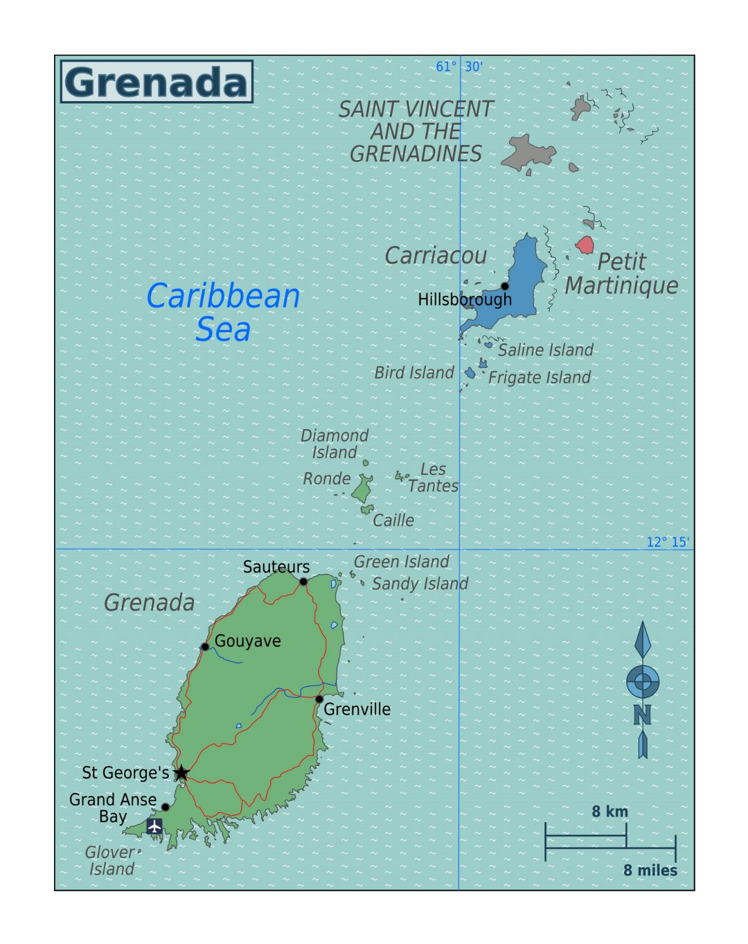 Большая карта Гренады с другими пометками