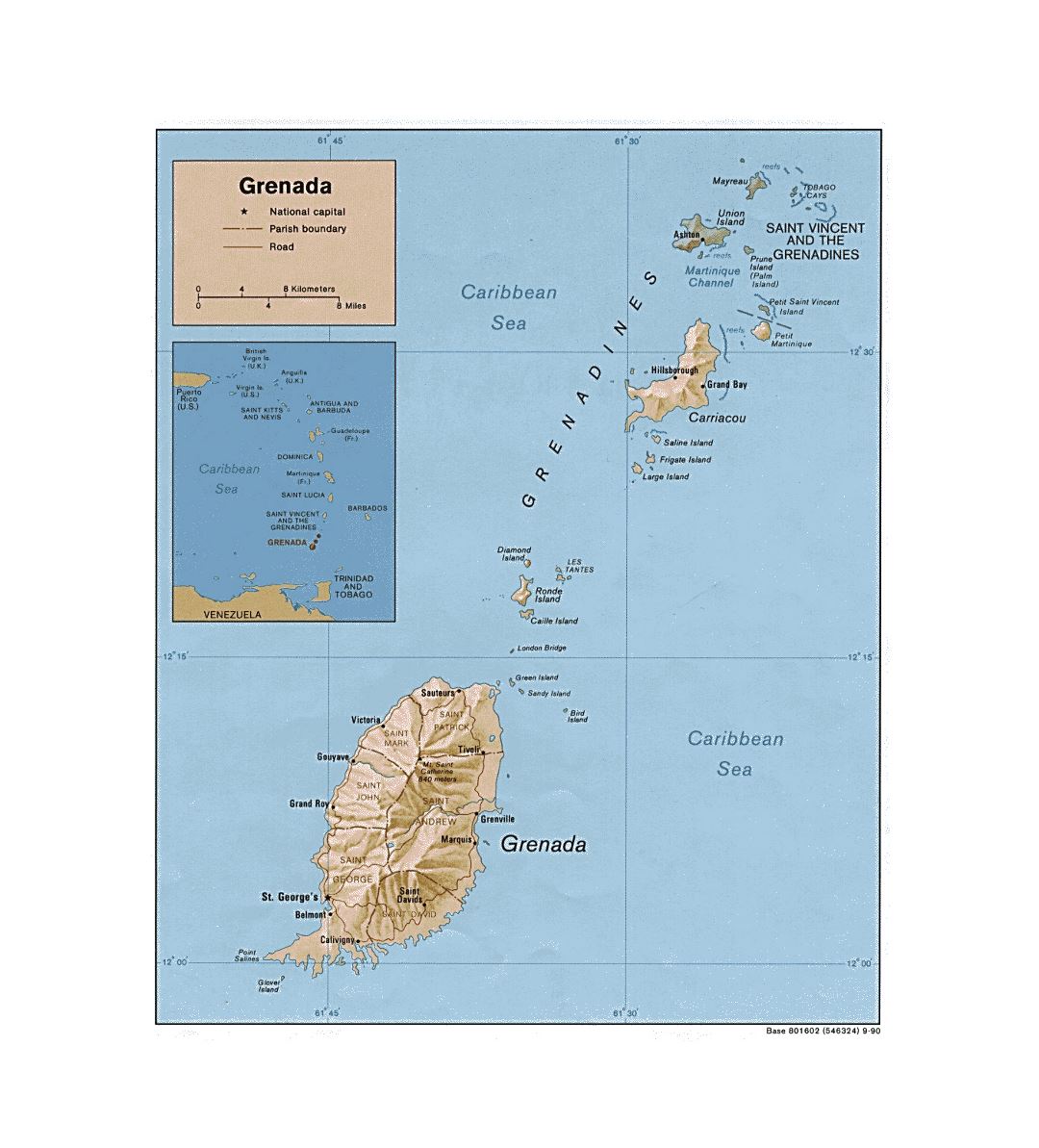 Большая политическая и административная карта Гренады с рельефом, дорогами и городами - 1990