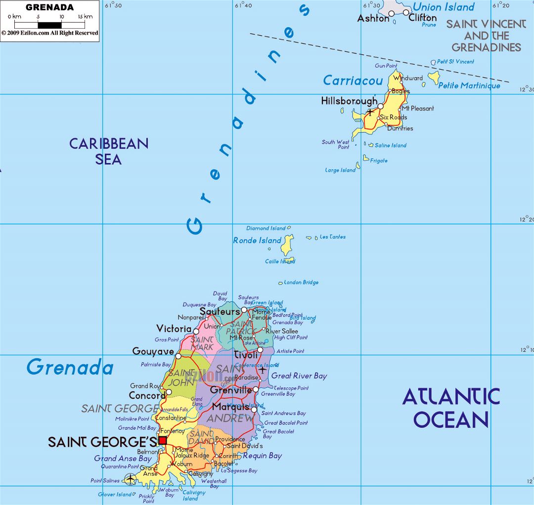 Большая политическая и административная карта Гренады с дорогами, городами и аэропортами