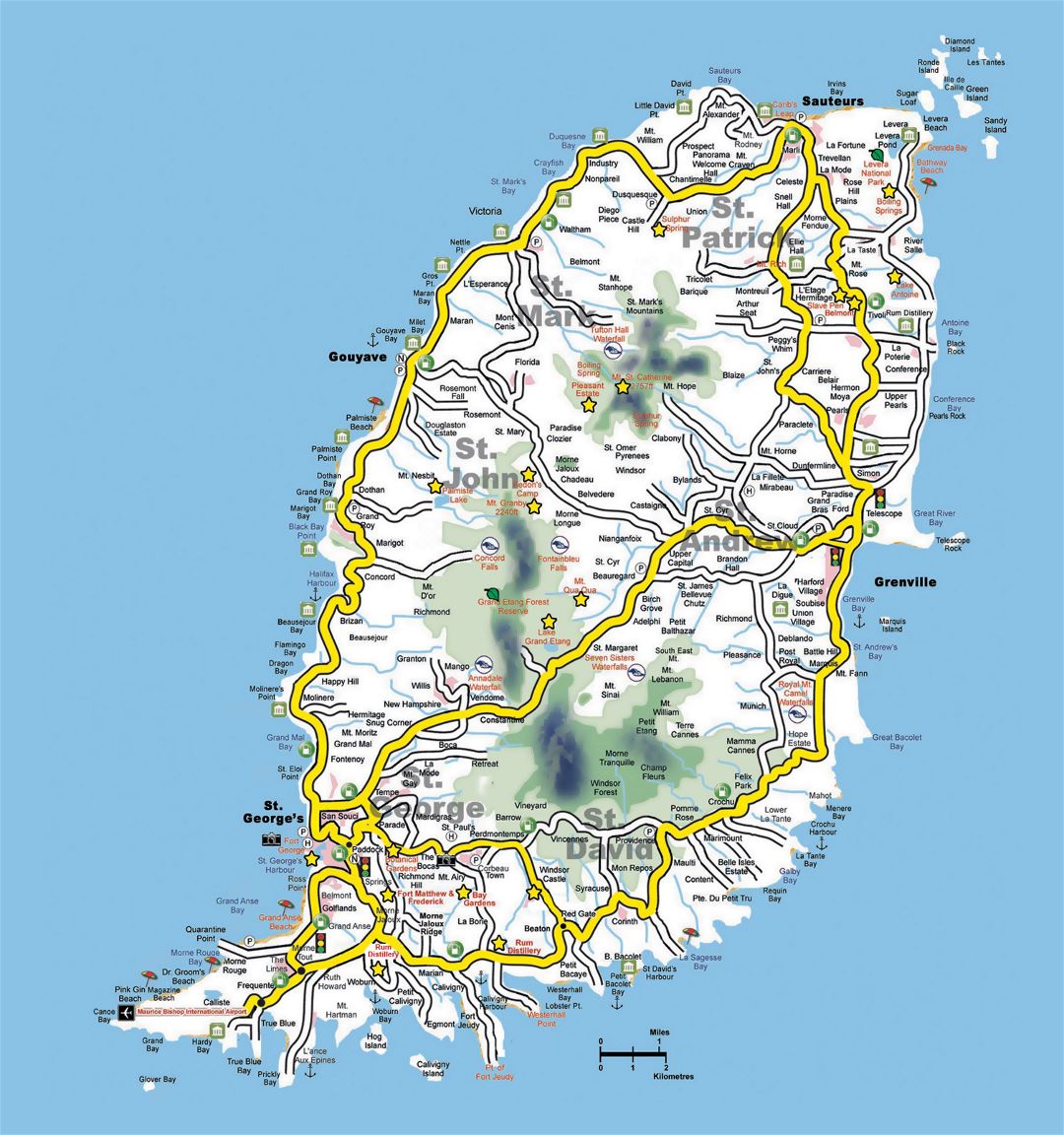 Большая карта дорог Гренады с другими пометками