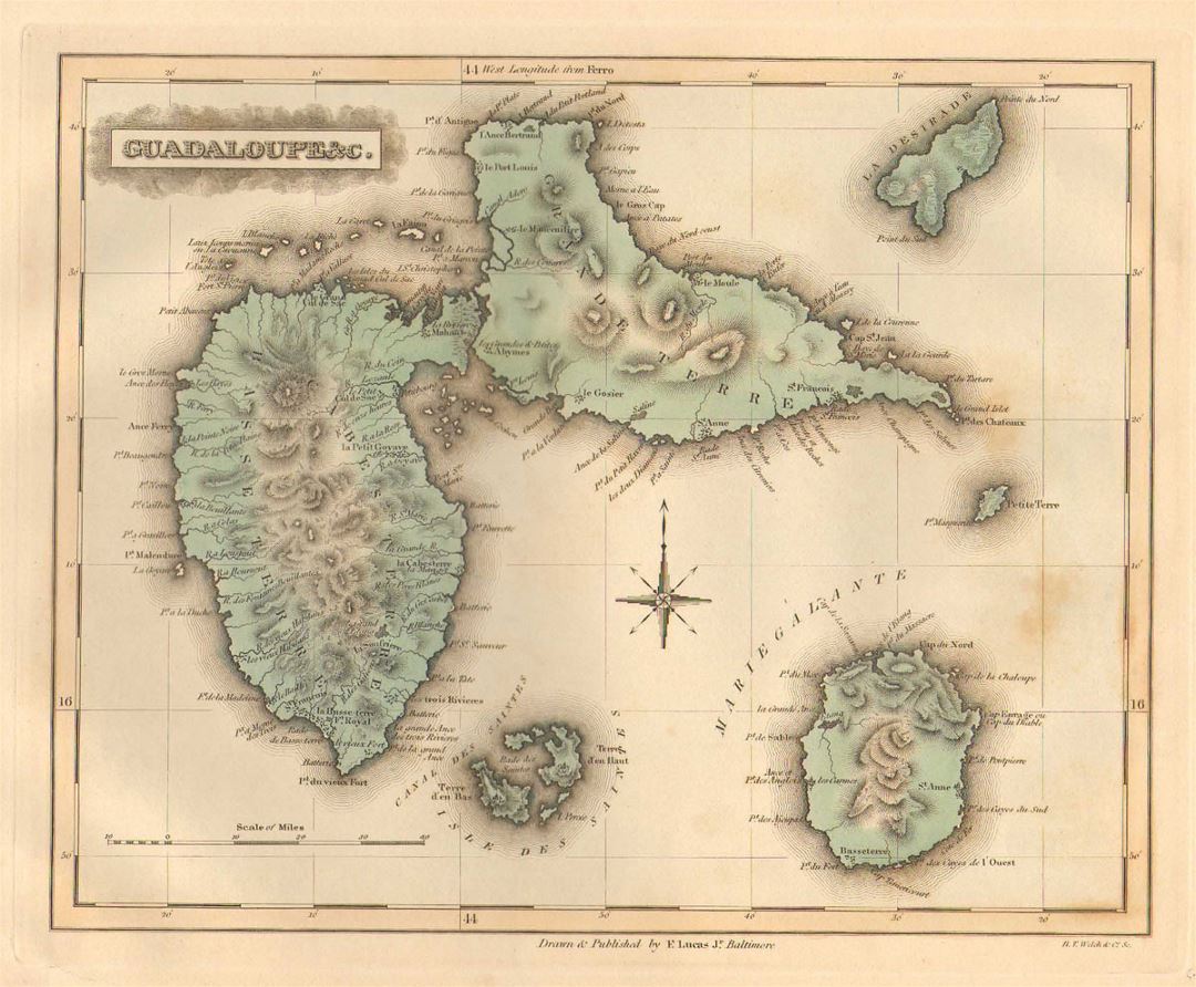 Детальная старая карта Гваделупы с рельефом
