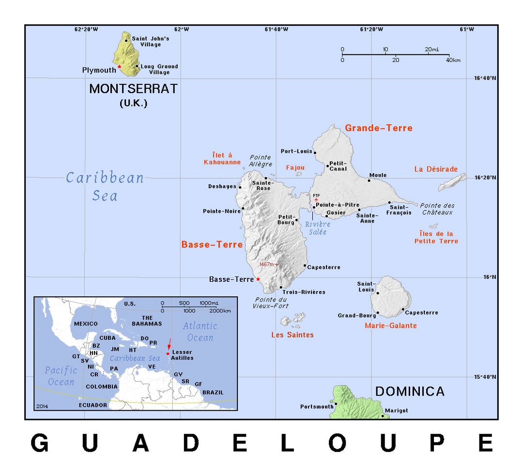 Детальная политическая карта Гваделупы с рельефом