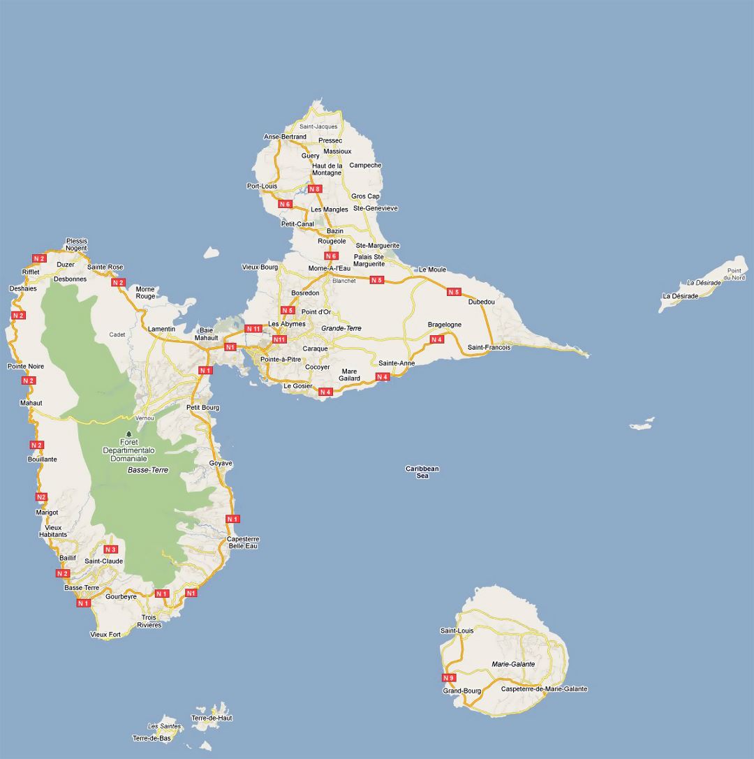 Детальная карта дорог Гваделупы с городами и другими пометками