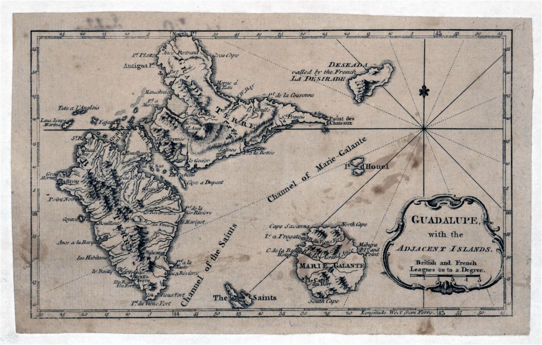 Большая детальная старая античная карта Гваделупы - 1759