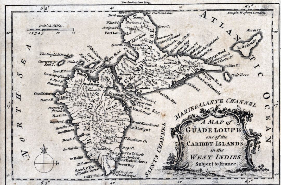 Большая детальная старая карта Гваделупы - 1759