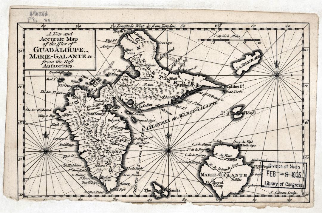 Большая подробная старая карта Гваделупы с рельефом - 1759