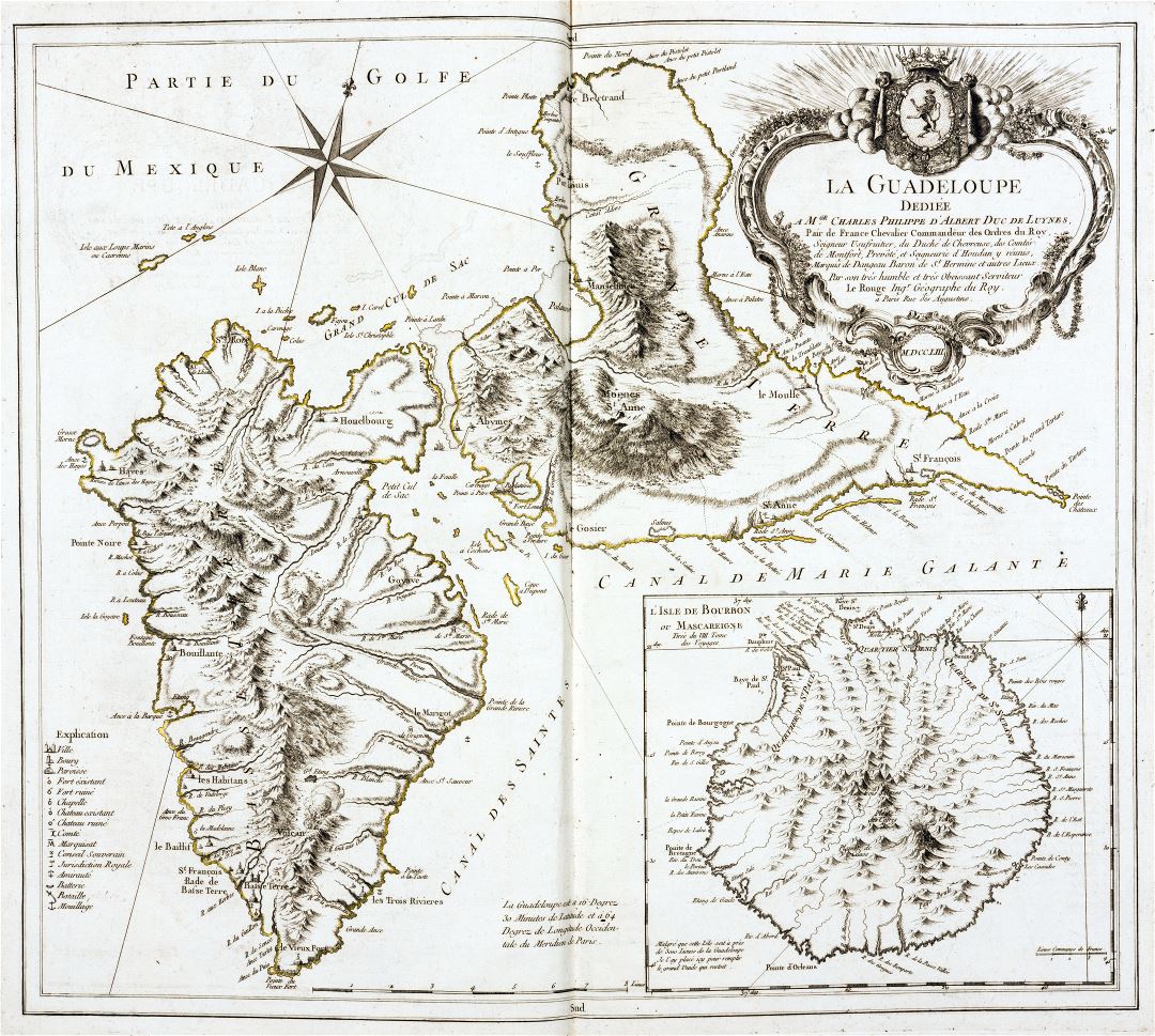Большая детальная старая карта Гваделупы с рельефом и другими пометками - 1759