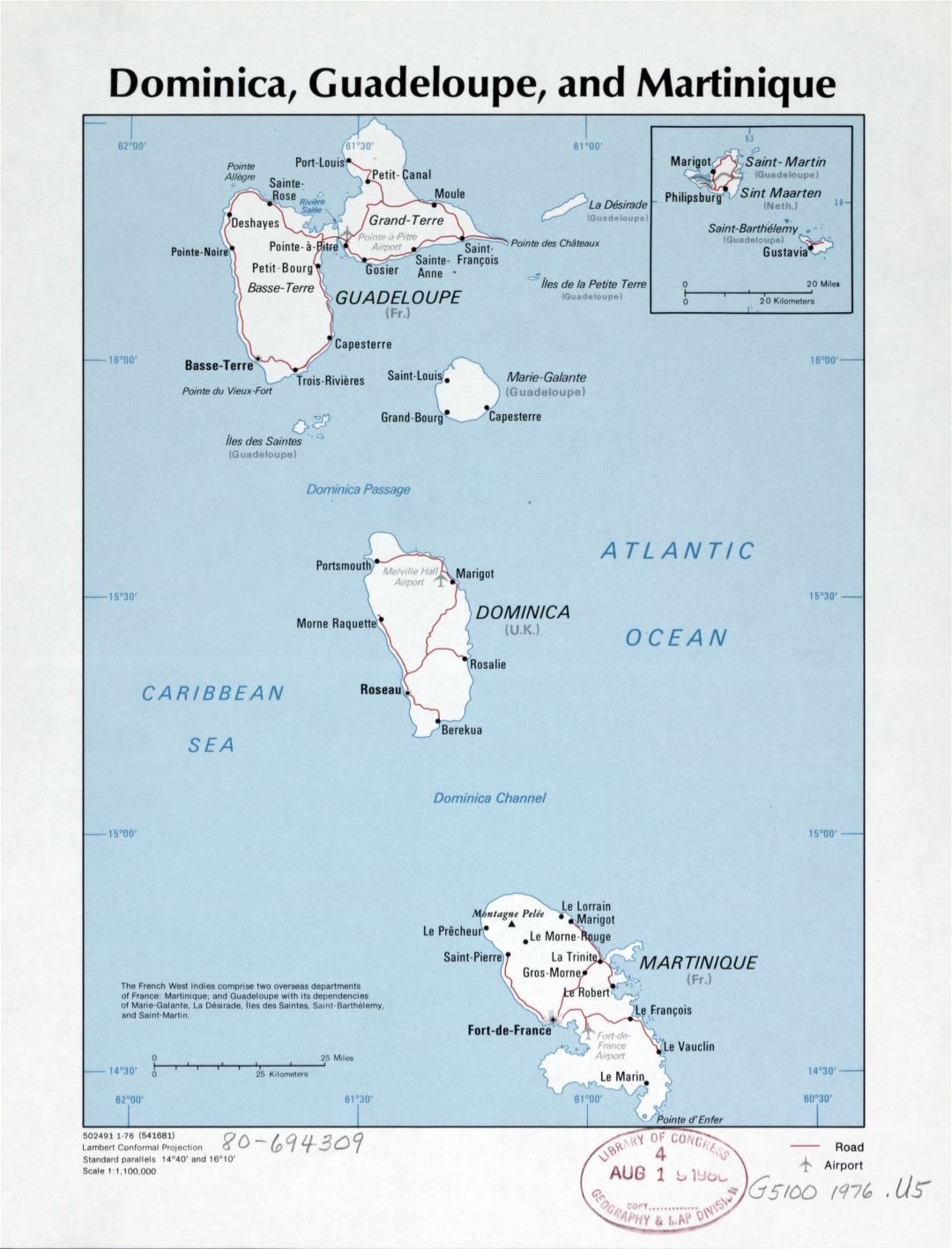 Большая детальная политическая карта Доминики, Гваделупы и Мартиники с дорогами, городами и аэропортами - 1976