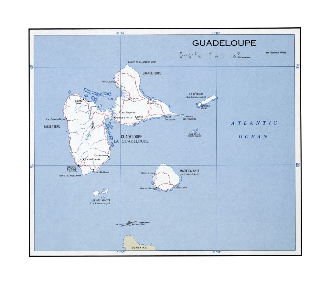 Большая детальная политическая карта Гваделупы с дорогами и городами - 1960