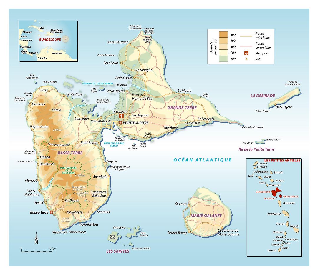 Большая карта высот Гваделупы с дорогами, городами и другими пометками