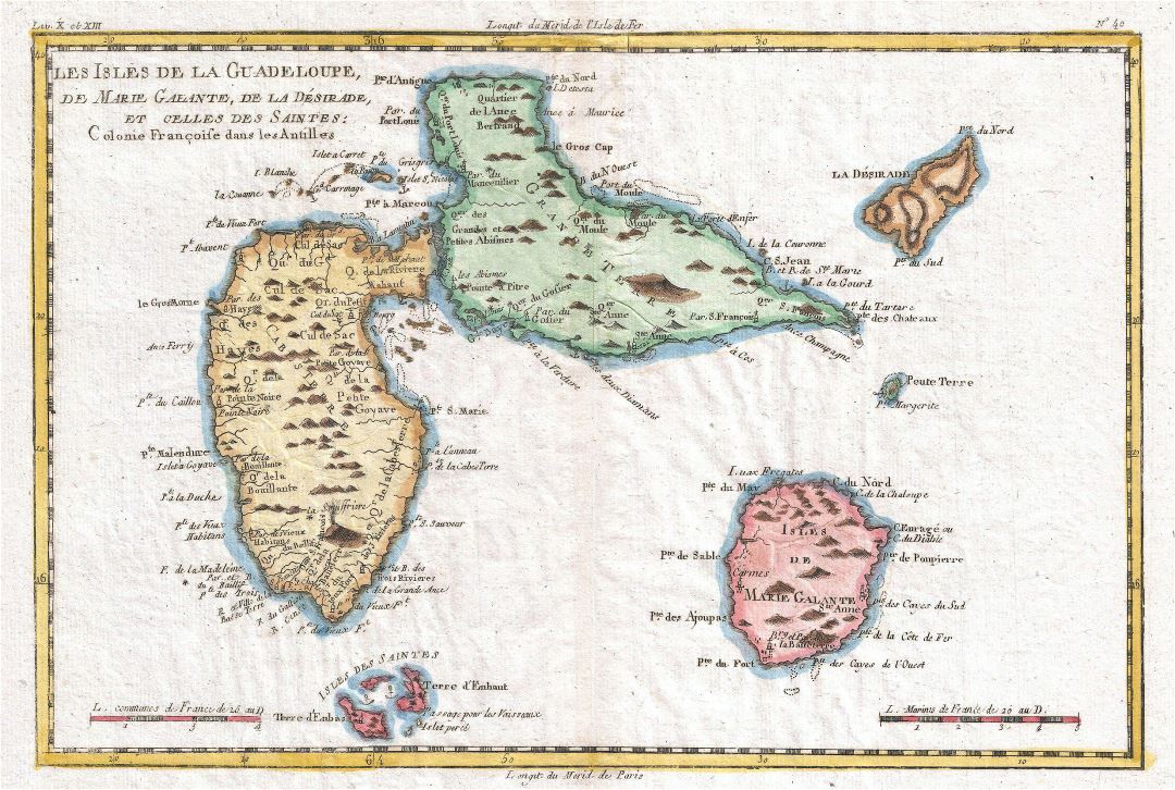 Большая старая карта Гваделупы с рельефом и другими пометками - 1780