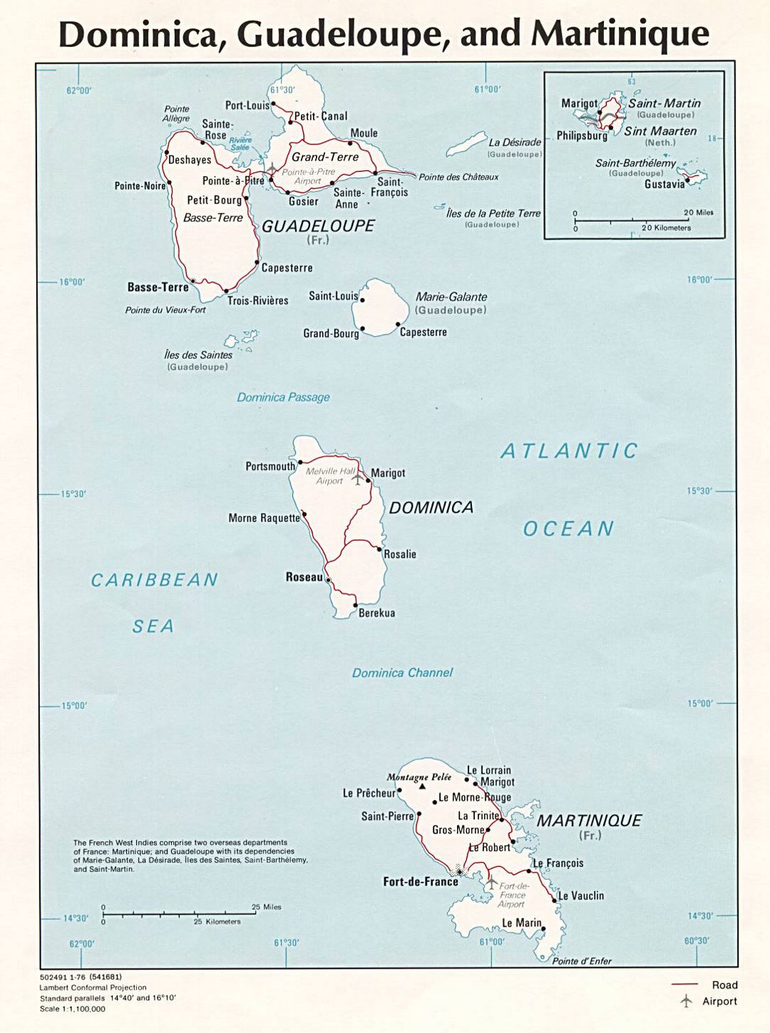 Большая политическая карта Доминики, Гваделупы и Мартиники с дорогами, городами и аэропортами - 1976