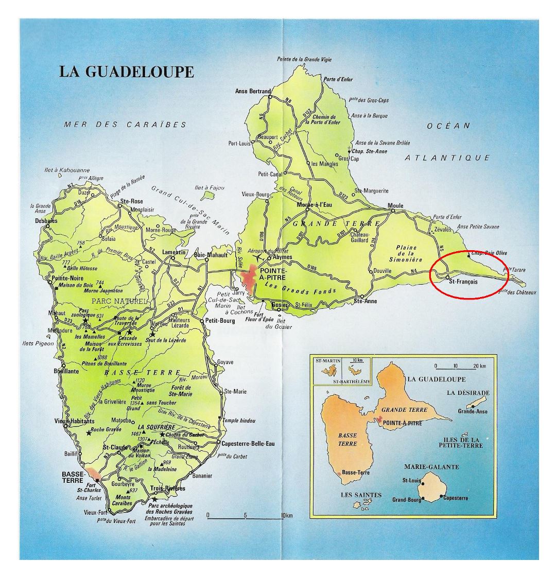 Большая карта дорог Гваделупы с городами и аэропортами
