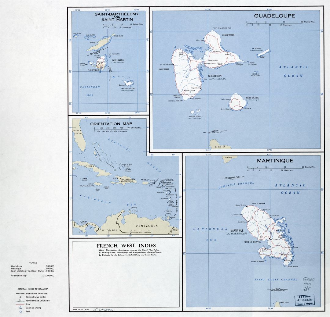 Крупномасштабная политическая карта Французской Вест-Индии - 1960