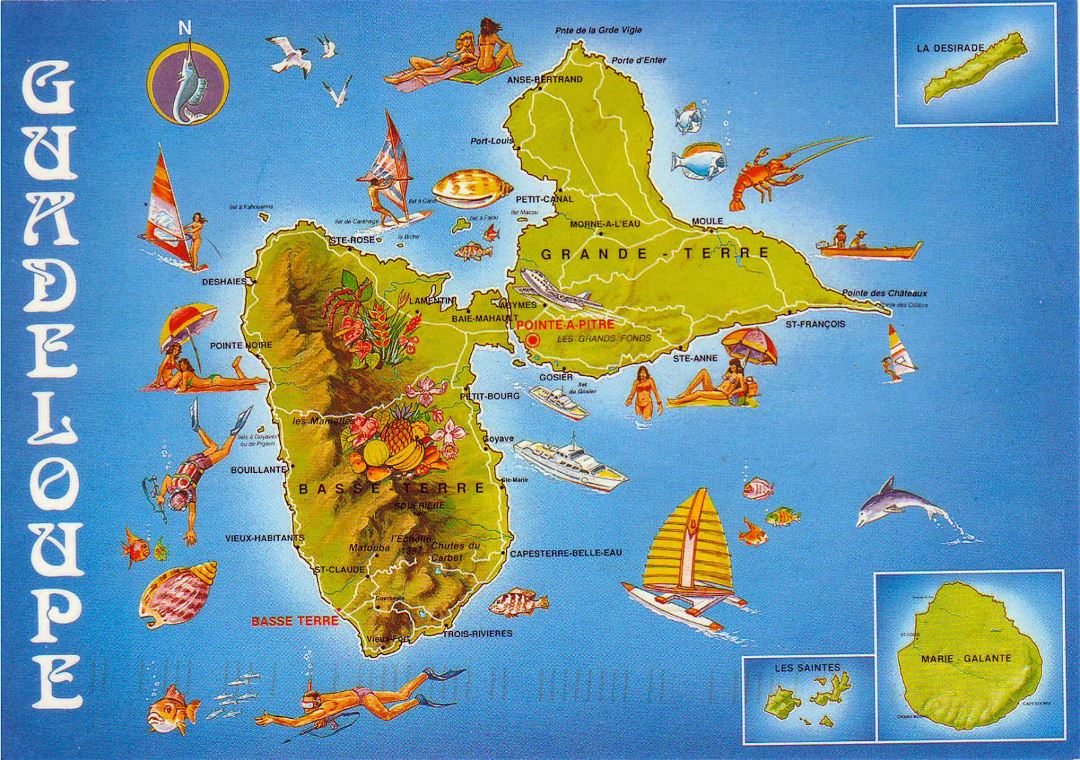 Большая туристическая иллюстрированная карта Гваделупы