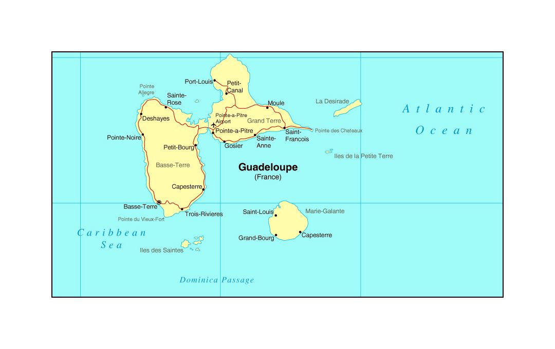 Карта Гваделупы с дорогами, городами и аэропортами