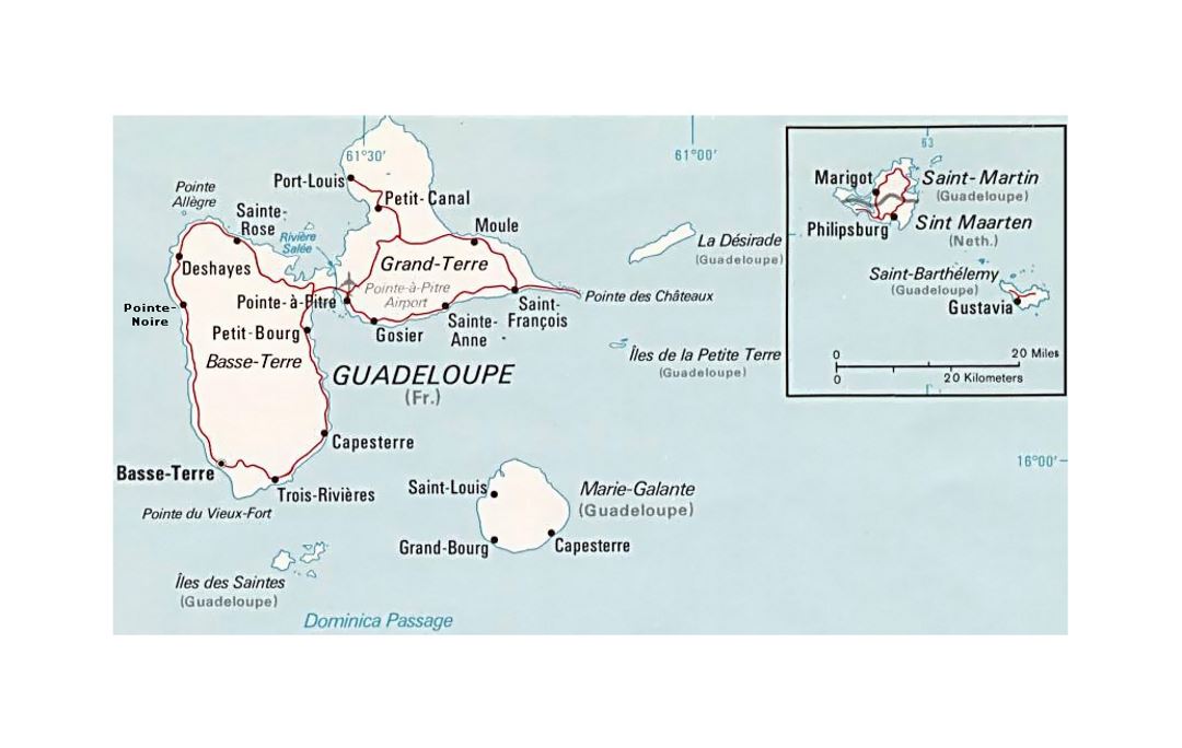 Политическая карта Гваделупы с дорогами, городами и аэропортами