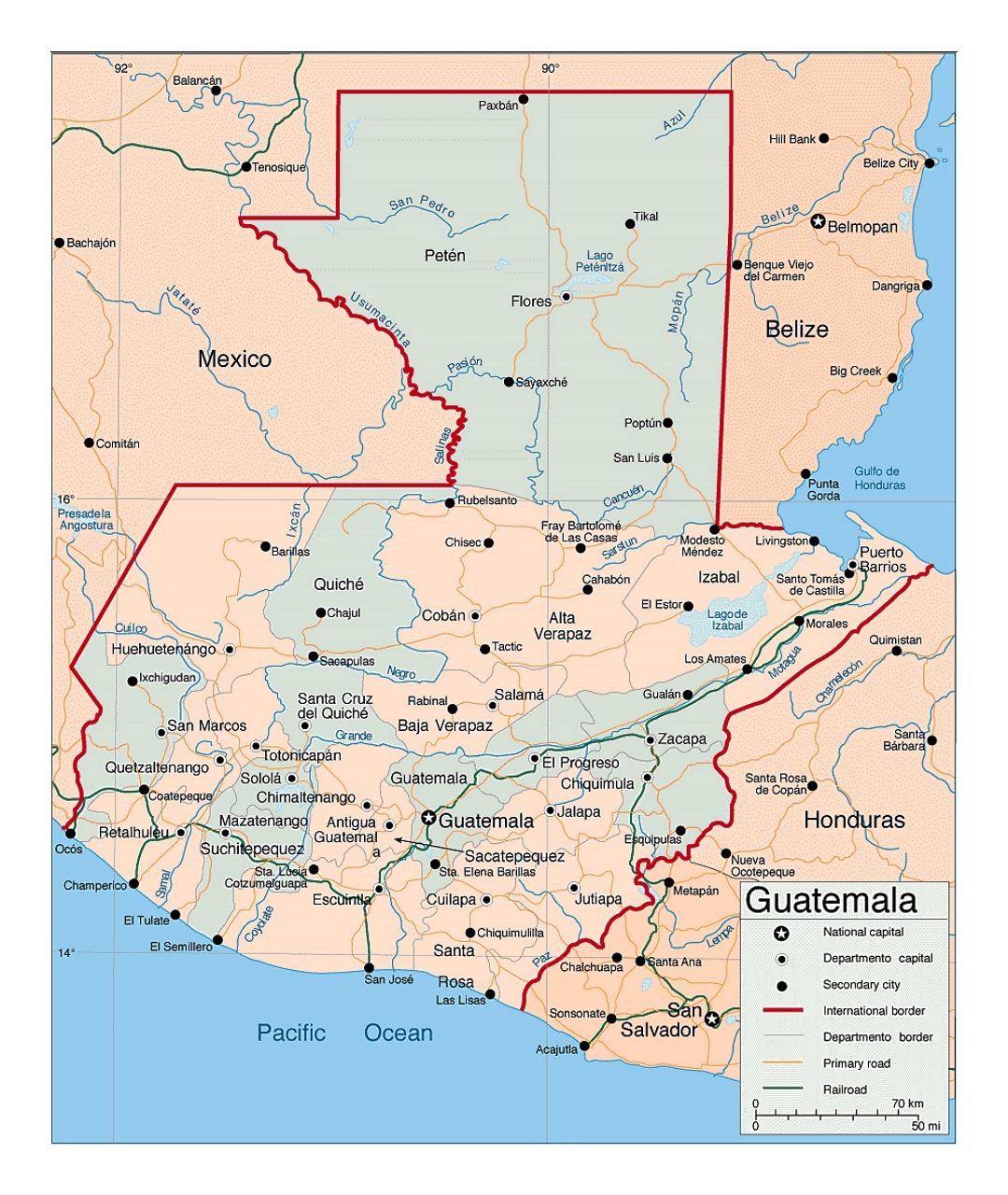Детальная политическая и административная карта Гватемалы с дорогами, железными дорогами и городами