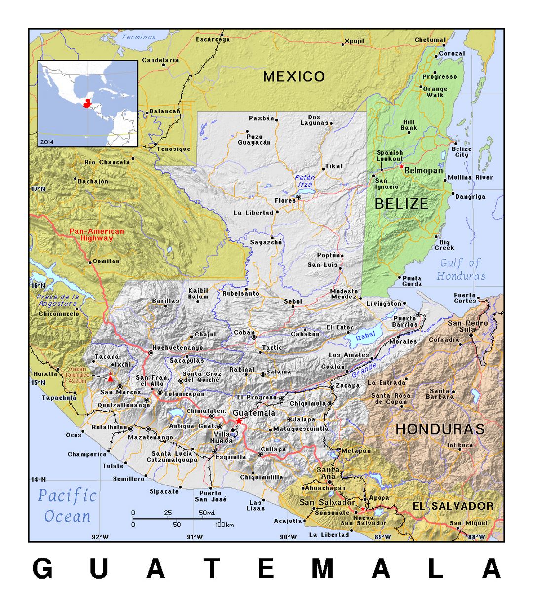 Детальная политическая карта Гватемалы с рельефом