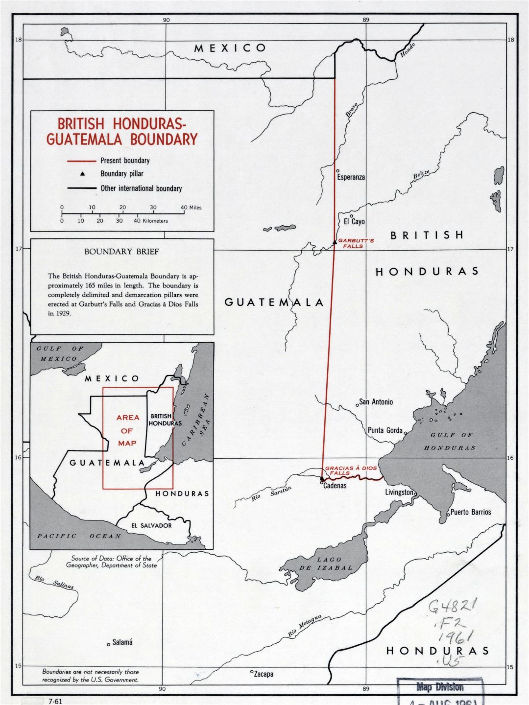 Большая детальная карта границ Британского Гондураса - Гватемалы - 1961