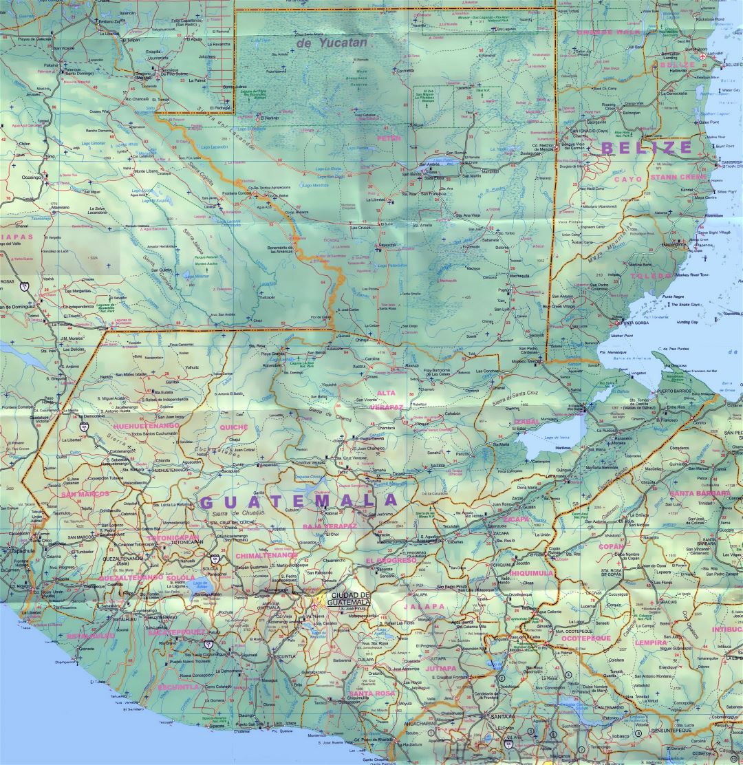Большая детальная карта Гватемалы с городами, поселками, дорогами, аэропортами и другими пометками