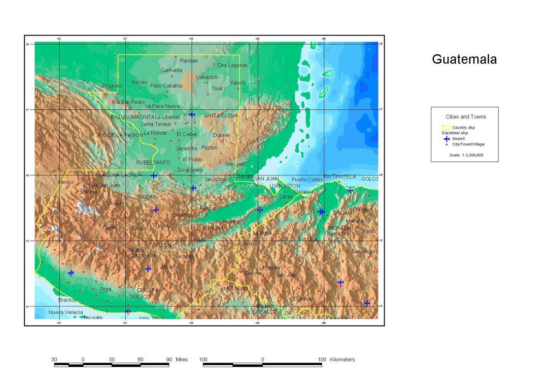 Большая подробная карта Гватемалы с рельефом, городами, поселками, деревнями и аэропортами - 1998