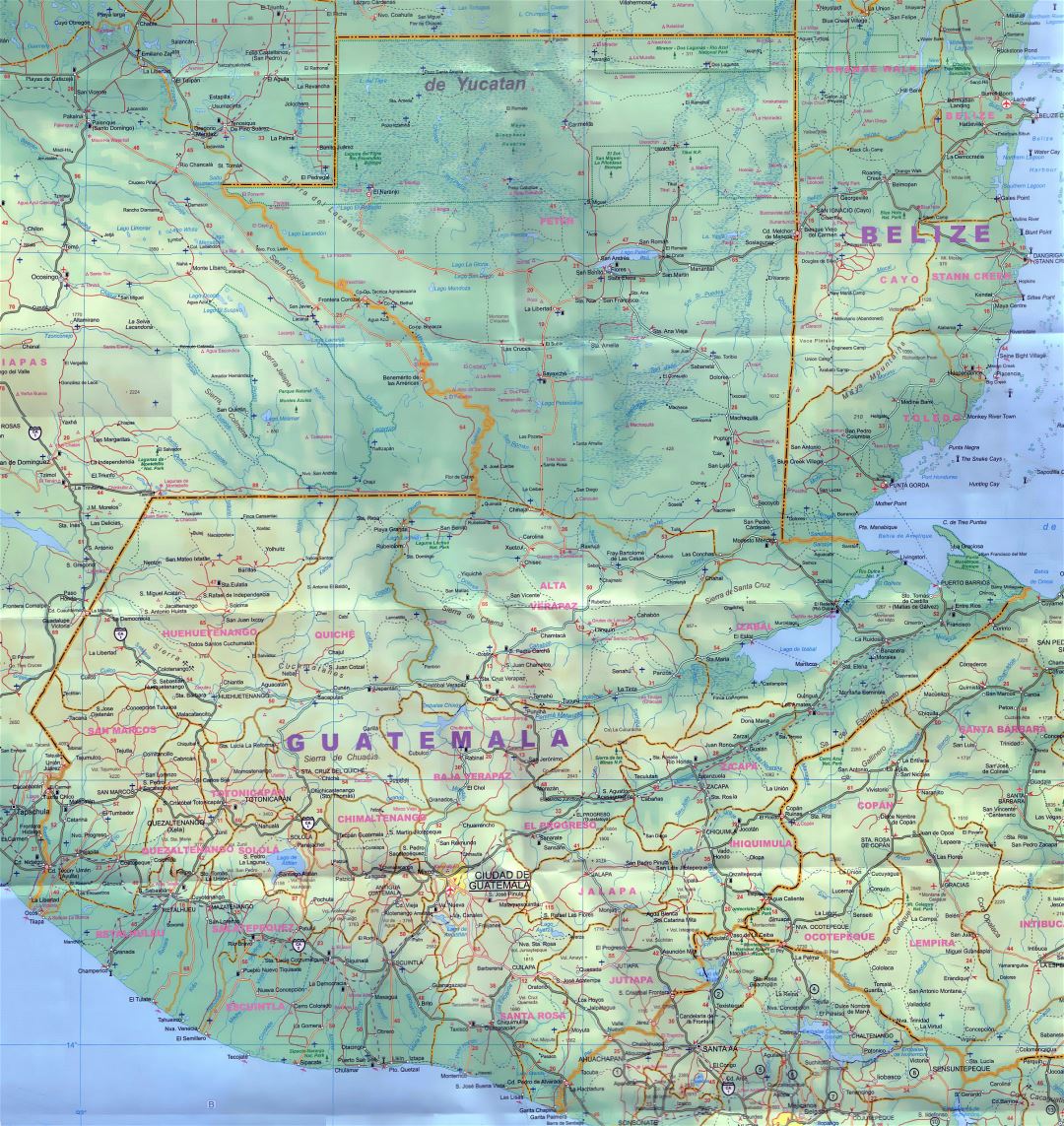 Большая детальная карта Гватемалы с дорогами, городами, аэропортами и другими пометками