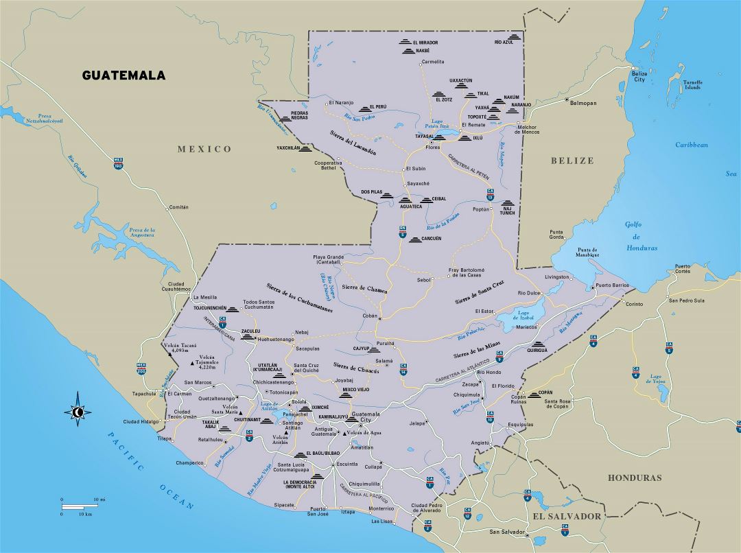Большая детальная карта Гватемалы с дорогами, крупными городами и другими пометками