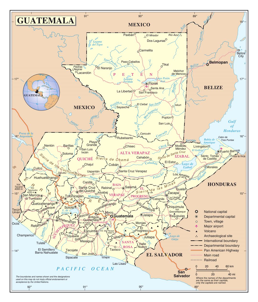 Большая детальная политическая и административная карта Гватемалы с дорогами, железными дорогами, городами и аэропортами