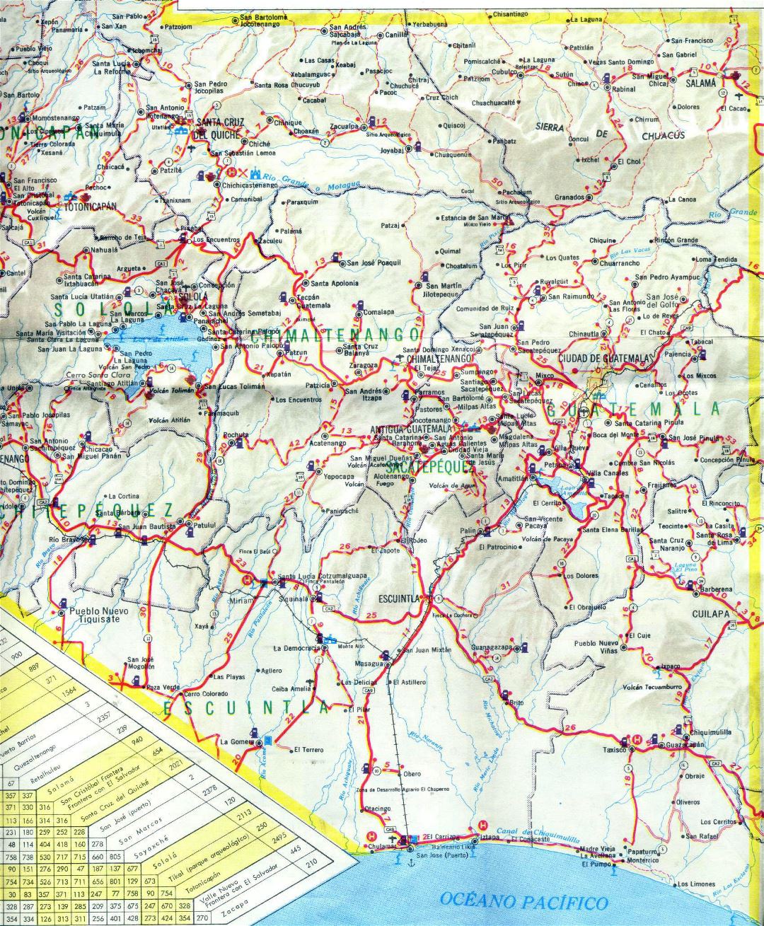 Большая детальная южно-центральная карта дорог Гватемалы