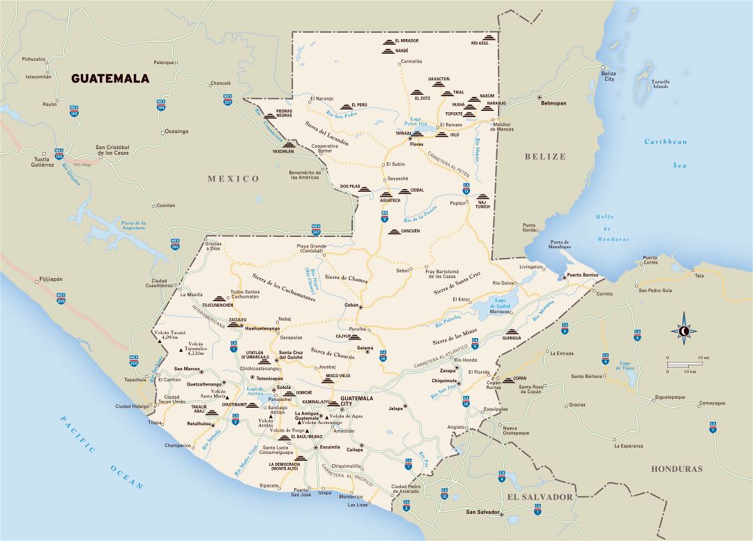 Большая детальная туристическая карта Гватемалы с дорогами и крупными городами