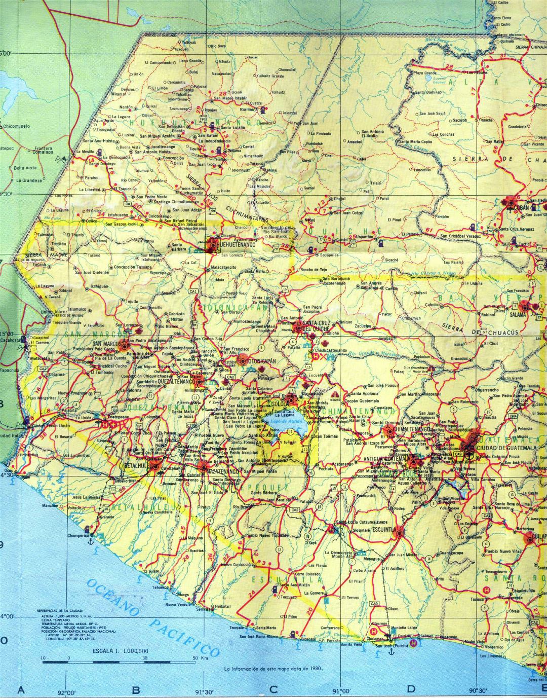 Большая детальная карта дорог Западной Гватемалы