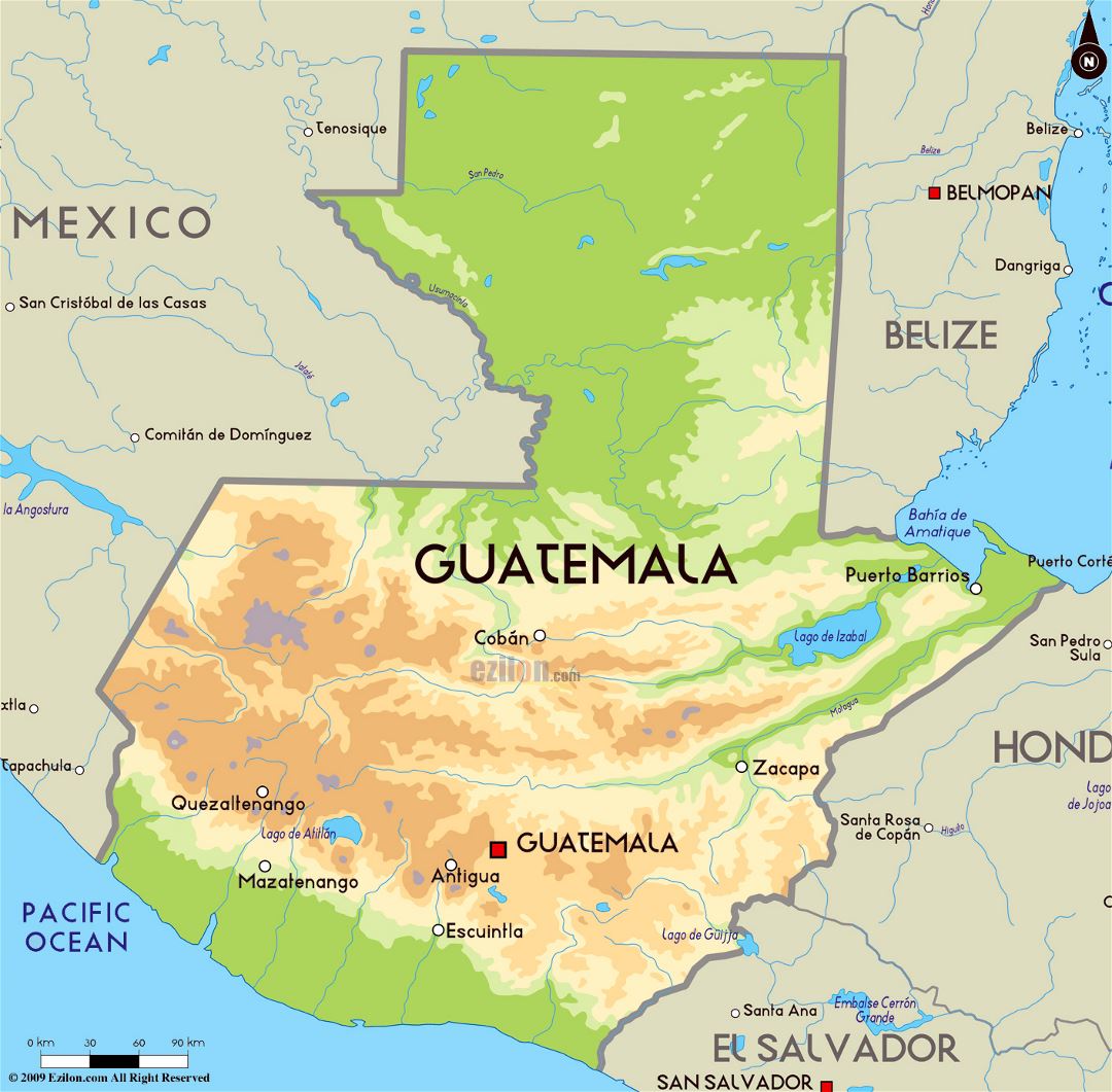 Большая физическая карта Гватемалы с крупными городами