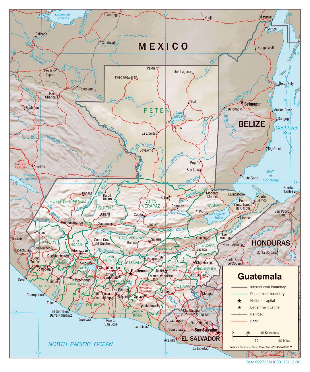 Большая политическая и административная карта Гватемалы с рельефом, дорогами, железными дорогами и крупными городами - 2000