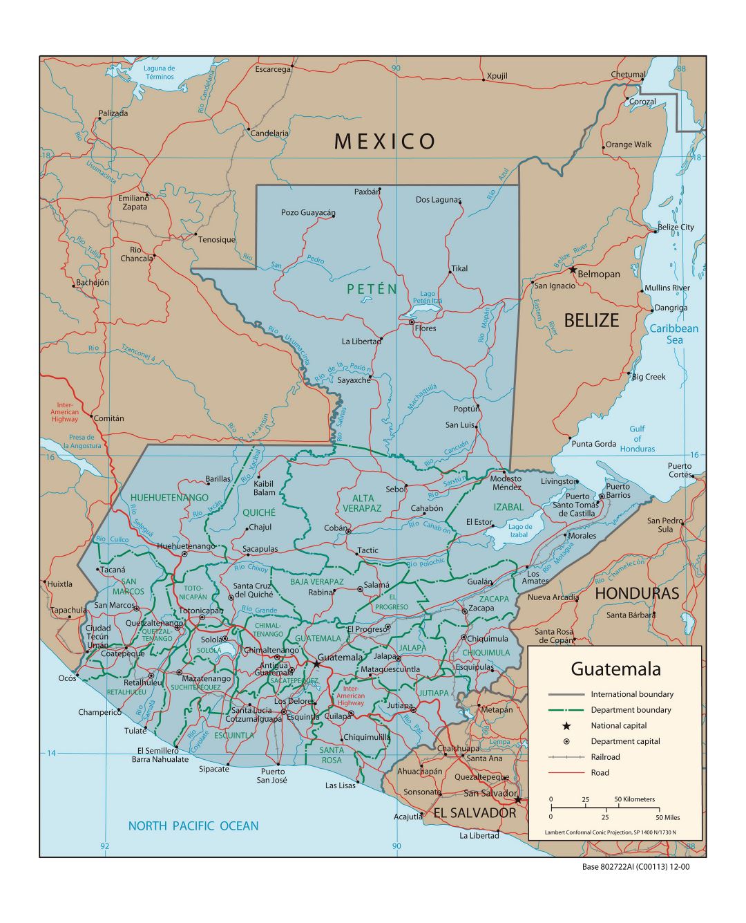 Большая политическая и административная карта Гватемалы с дорогами, железными дорогами и городами - 2000