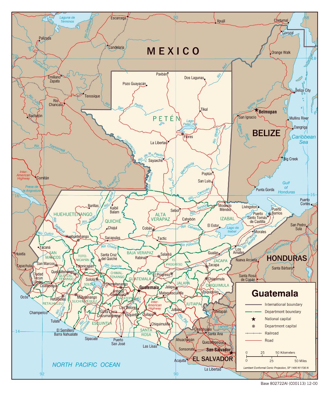 Большая политическая и административная карта Гватемалы с дорогами, железными дорогами и крупными городами - 2000