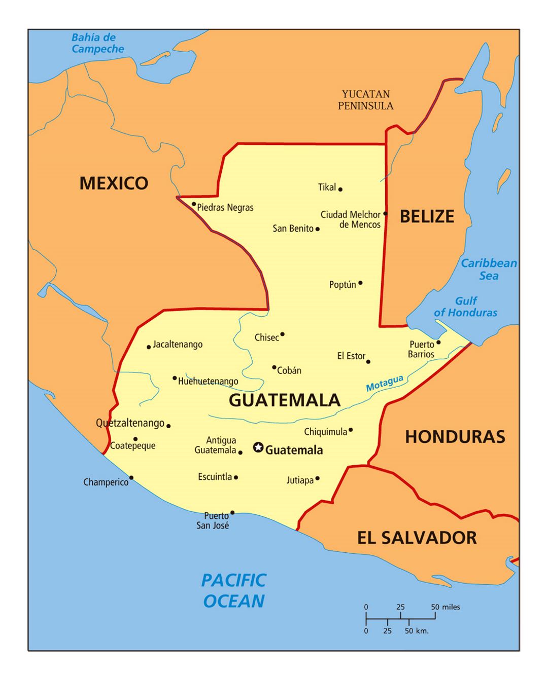 Большая политическая карта Гватемалы с городами